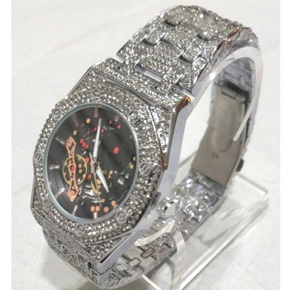 Mens Hip Hop Bling Skeleton Style Simulated Diamond Quartz Movement Iced Watch - Picture 6 of 7
